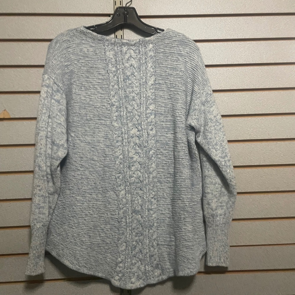Chaps Womens Blue White‎ Marled Cable Knit Back Crew Neck Sweater Large L